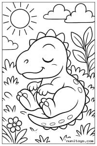 Coloriage bébé T-Rex endormi dans l’herbe sous le soleil