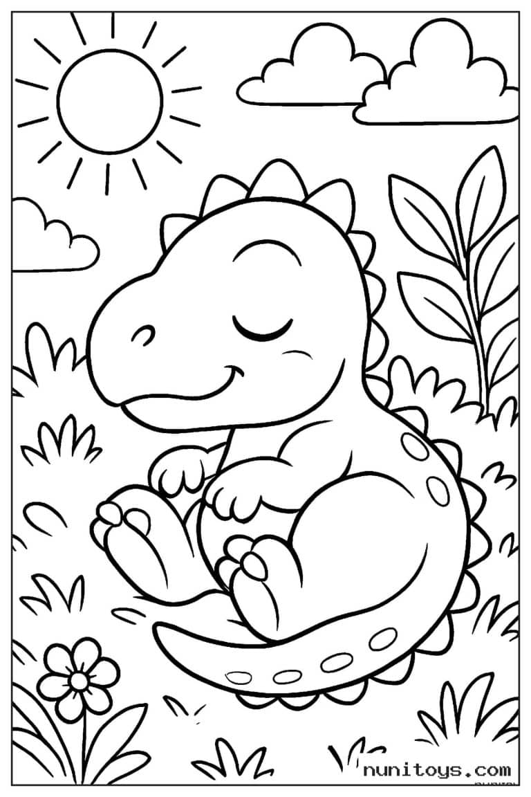 Coloriage bébé T-Rex endormi dans l’herbe sous le soleil