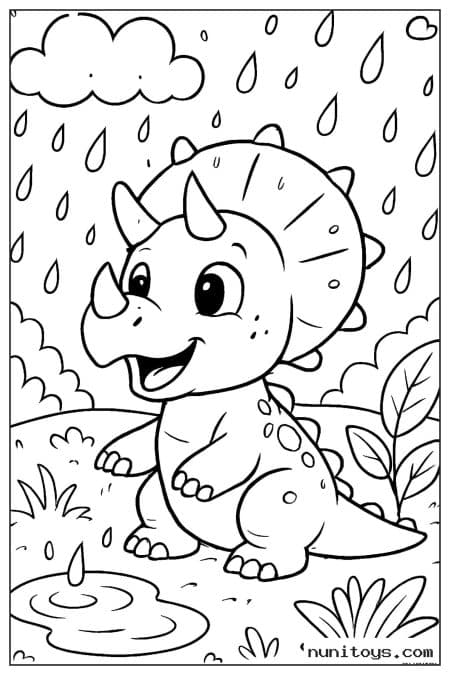 Coloriage bébé tricératops sous la pluie près d’une flaque
