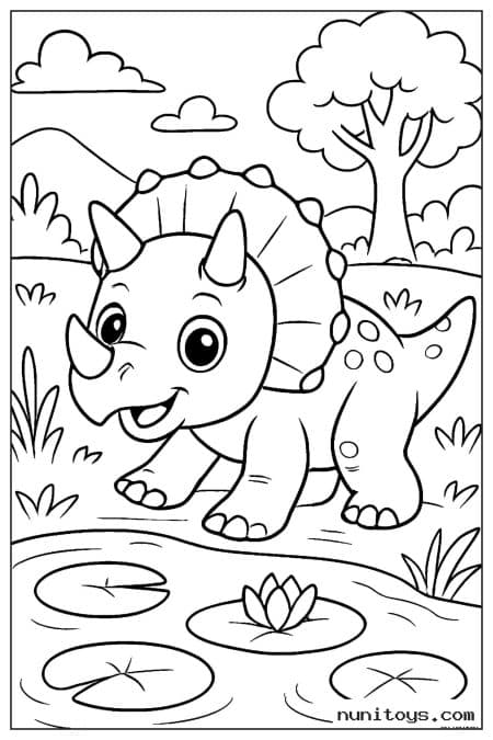 Coloriage bébé tricératops marchant près d’un étang aux nénuphars