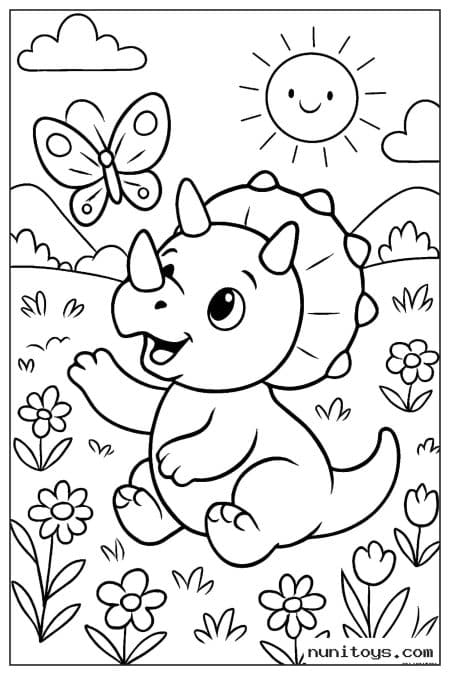 Coloriage bébé tricératops assis parmi fleurs et papillon