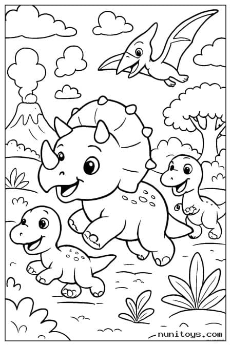 Coloriage bébé tricératops courant avec deux petits dinosaures