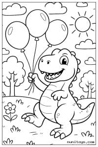 Coloriage T-Rex mignon tenant trois ballons dans un parc