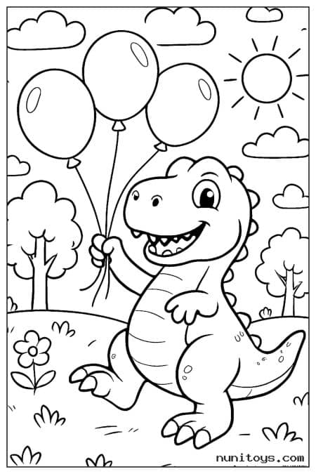 Coloriage T-Rex mignon tenant trois ballons dans un parc