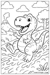 T-Rex Coloriage petit T-Rex courant dans l’eau près d’un volcanThrough Water Near Volcano Coloring Page