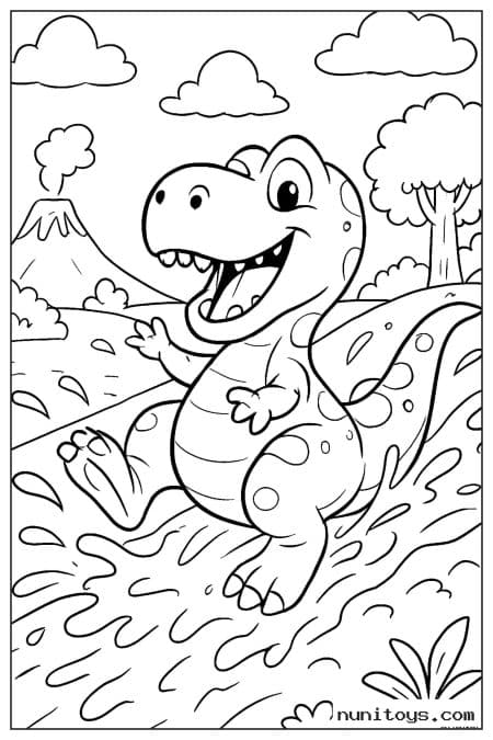 Coloriage petit T-Rex courant dans l’eau près d’un volcan