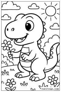 Coloriage T-Rex mignon tenant une fleur sous le soleil