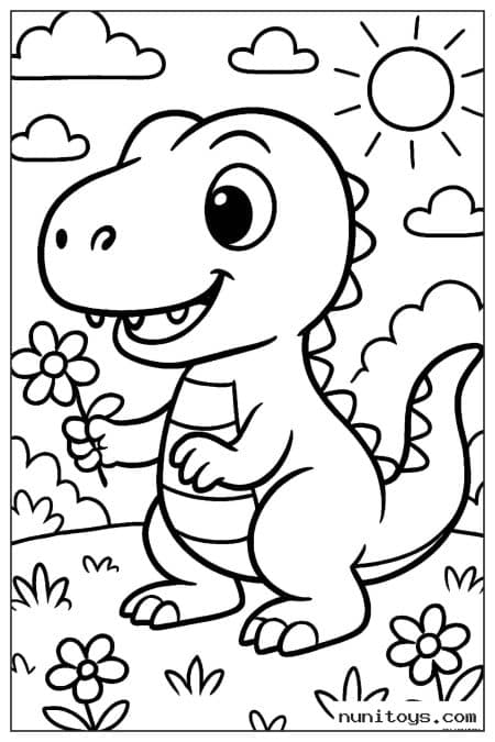 Coloriage T-Rex mignon tenant une fleur sous le soleil