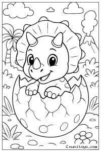 Coloriage bébé tricératops sortant de son œuf près du volcan