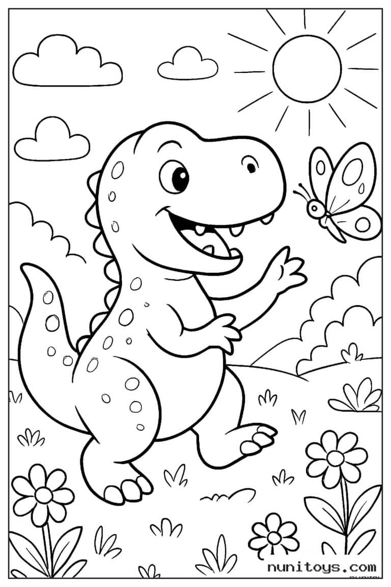 Coloriage petit T-Rex observant un papillon parmi les fleurs