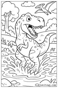 Coloriage T-Rex courant dans l’eau sous un ptérosaure