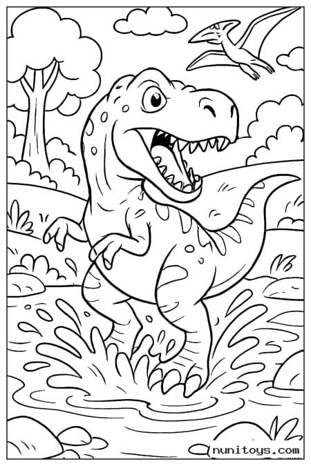 Coloriage T-Rex courant dans l’eau sous un ptérosaure
