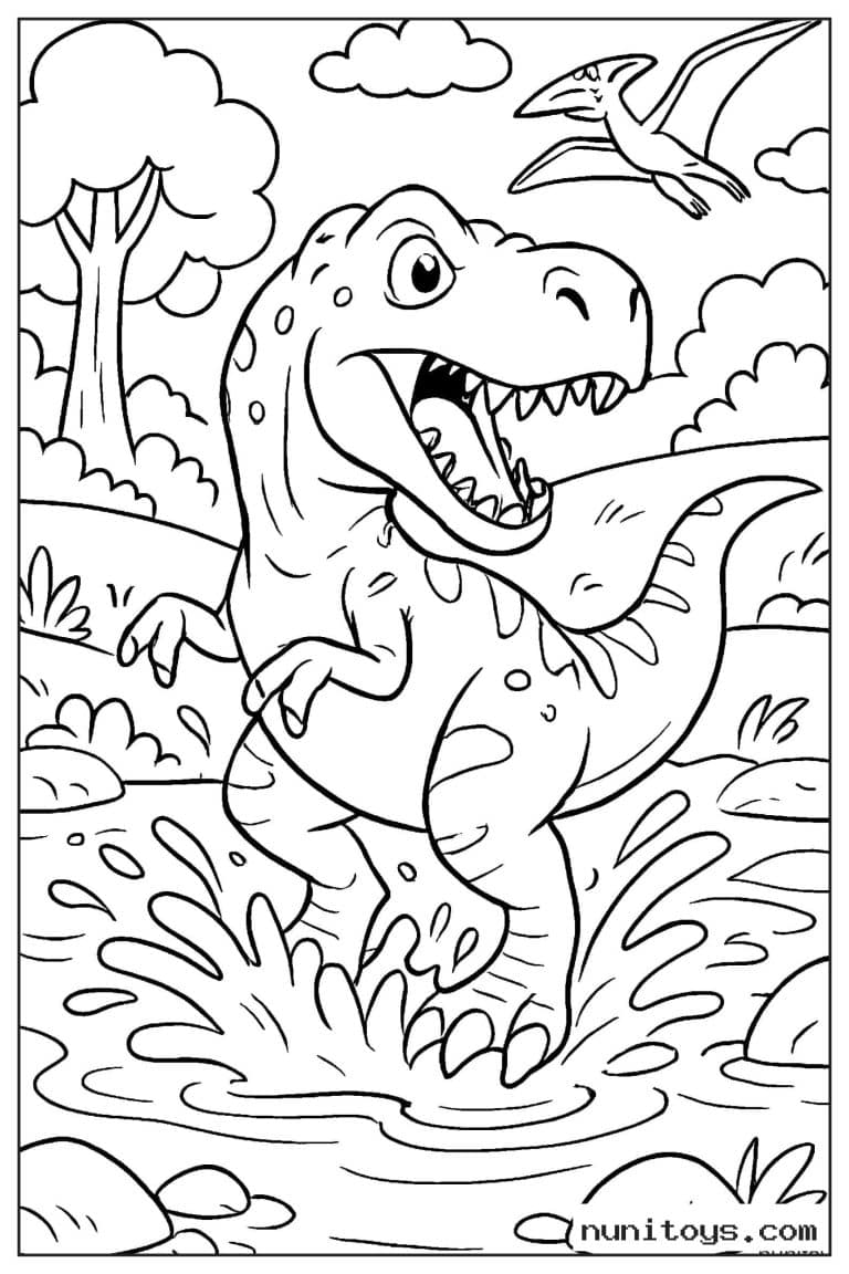 Coloriage T-Rex courant dans l’eau sous un ptérosaure