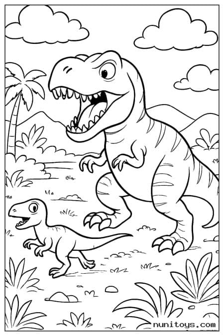 Coloriage T-Rex rugissant avec un petit dinosaure dans la plaine