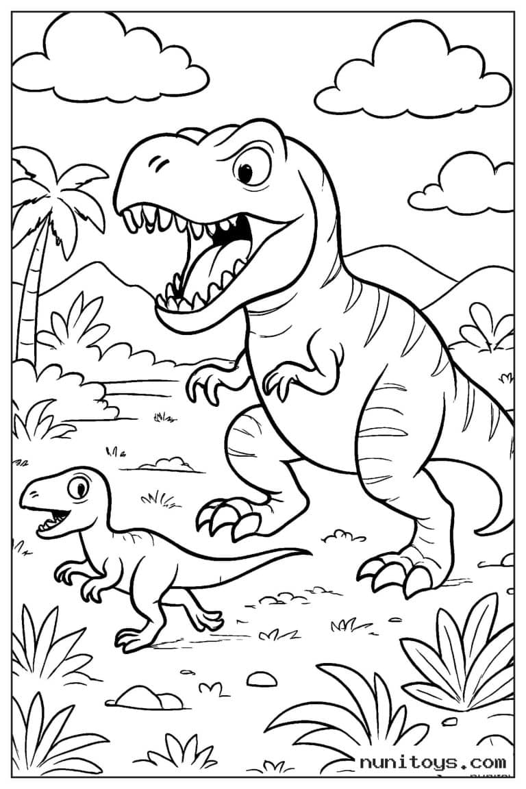 Coloriage T-Rex rugissant avec un petit dinosaure dans la plaine