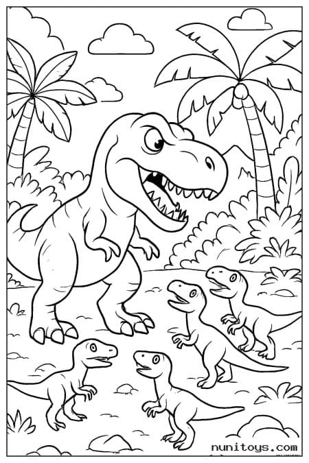 Coloriage grand T-Rex entouré de quatre petits dinosaures