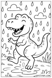 Coloriage petit T-Rex marchant sous la pluie dans une flaque