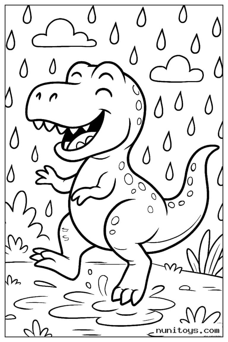 Coloriage petit T-Rex marchant sous la pluie dans une flaque