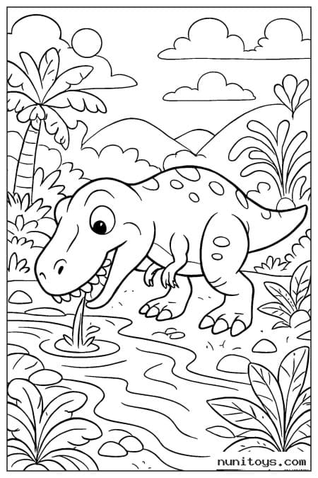 Coloriage T-Rex buvant dans un ruisseau tropical