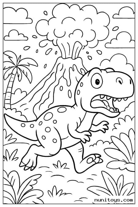 Coloriage T-Rex courant devant un volcan en éruption