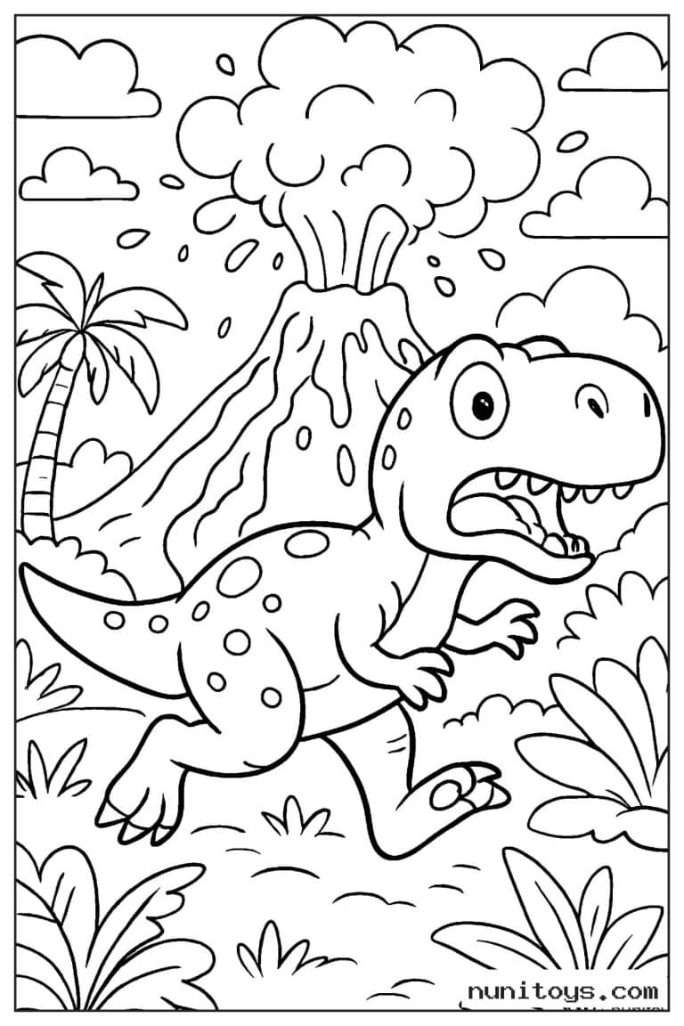 Coloriage T-Rex courant devant un volcan en éruption