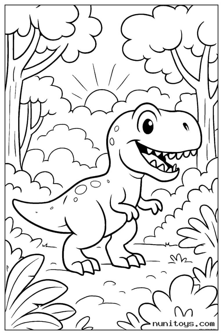 Coloriage T-Rex marchant dans une forêt au coucher du soleil