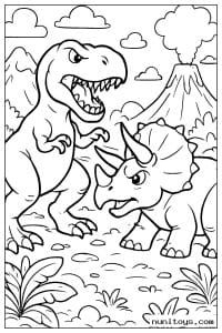 Coloriage T-Rex face à un tricératops devant un volcan