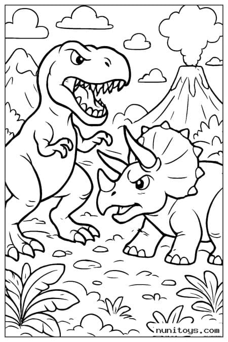 Coloriage T-Rex face à un tricératops devant un volcan