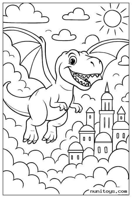 Coloriage T-Rex ailé volant au-dessus d’un château fantastique