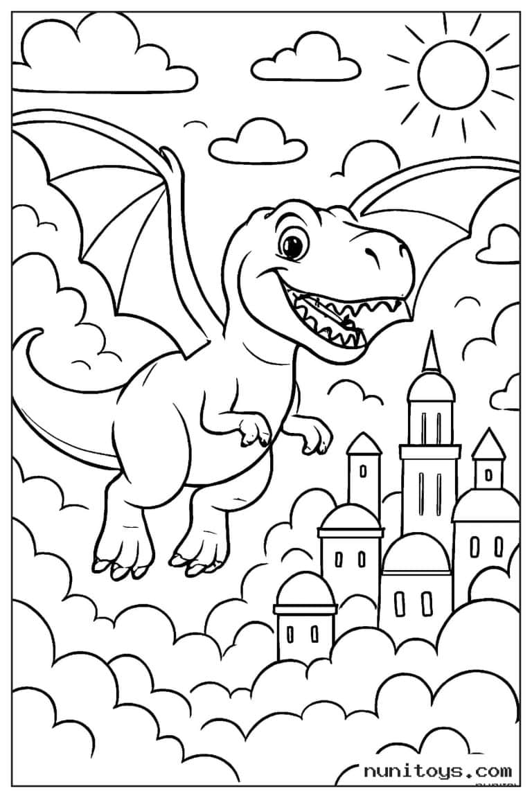 Coloriage T-Rex ailé volant au-dessus d’un château fantastique