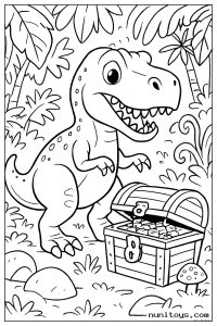 Coloriage T-Rex près d’un coffre au trésor dans la jungle