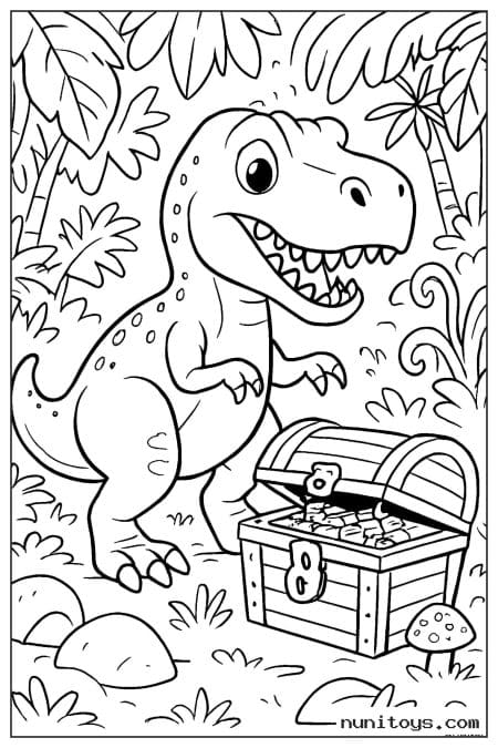 Coloriage T-Rex près d’un coffre au trésor dans la jungle
