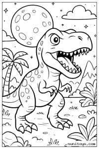 Coloriage T-Rex sous une grande lune avec palmiers et montagnes