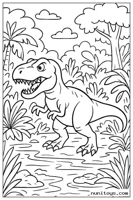 Coloriage T-Rex marchant dans une jungle près d’un ruisseau