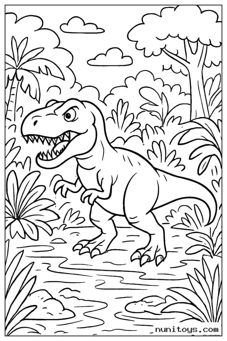 Coloriage T-Rex marchant dans une jungle près d’un ruisseau