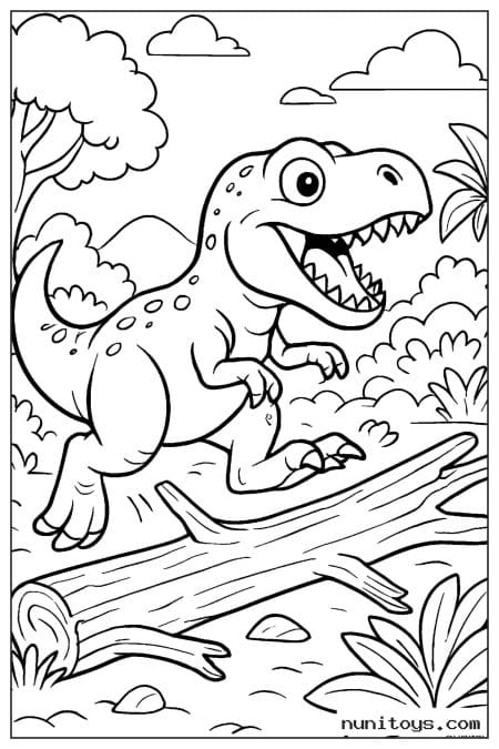 Coloriage T-Rex sautant au-dessus d’un tronc dans la jungle