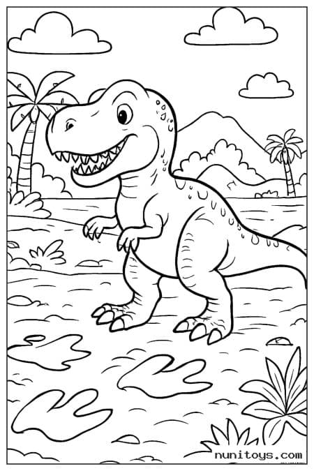 Coloriage T-Rex debout entre palmiers et montagnes préhistoriques