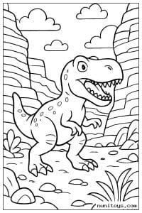 Coloriage T-Rex marchant entre de hautes falaises rocheuses