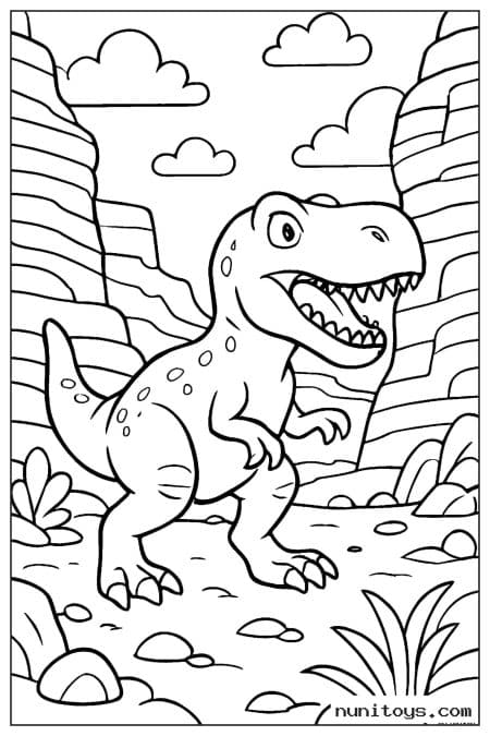 Coloriage T-Rex marchant entre de hautes falaises rocheuses