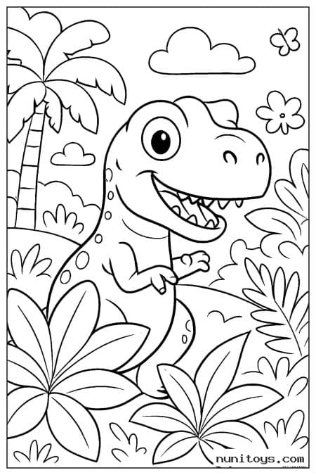 Coloriage petit T-Rex souriant entouré de plantes tropicales