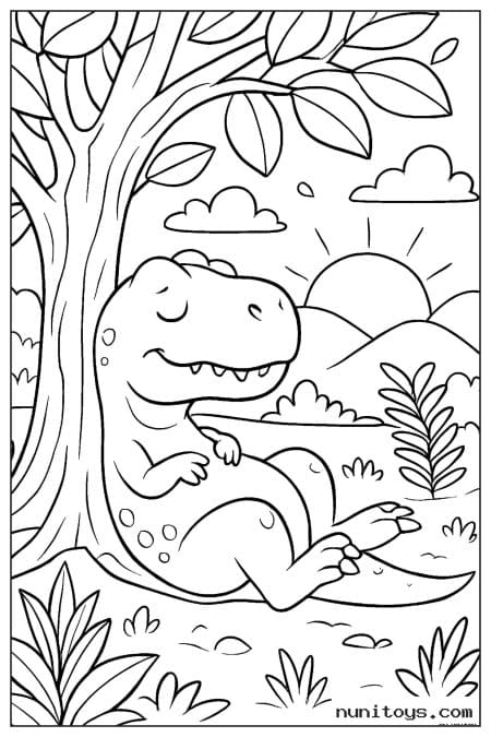 Coloriage T-Rex assis sous un arbre devant le soleil