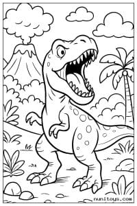 Coloriage T-Rex rugissant devant un volcan fumant