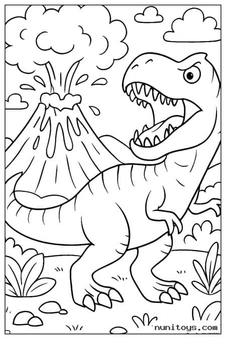 Coloriage T-Rex rugissant devant un volcan en éruption