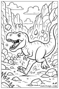 Coloriage T-Rex courant entre les falaises avec des rochers