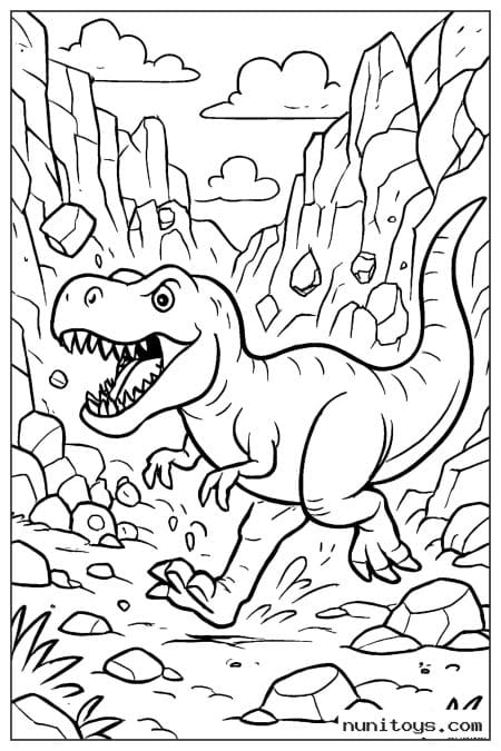 Coloriage T-Rex courant entre les falaises avec des rochers