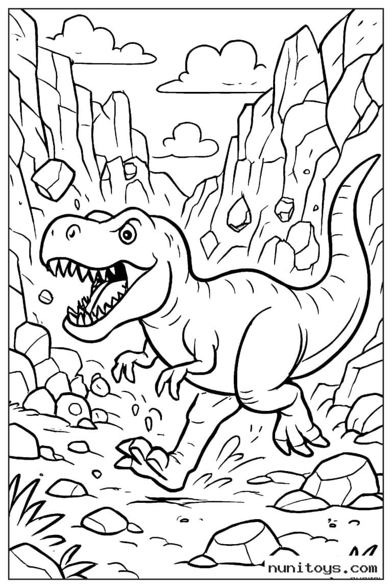 Coloriage T-Rex courant entre les falaises avec des rochers