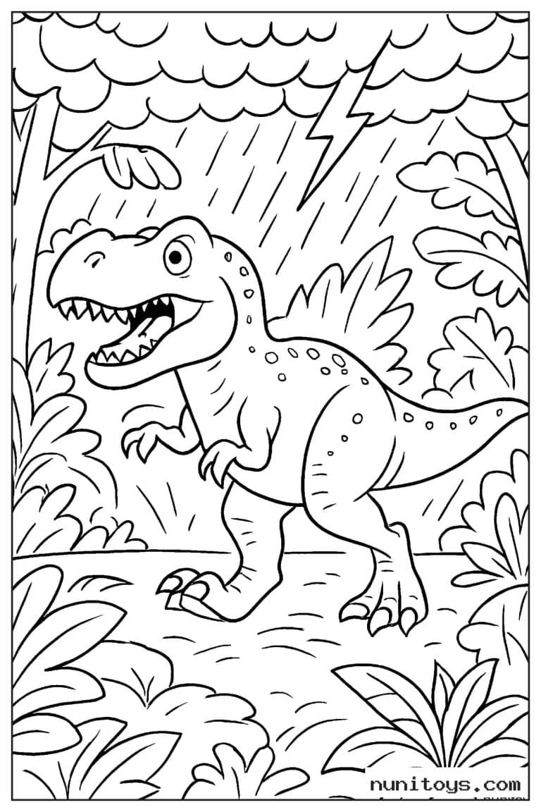 Coloriage T-Rex marchant sous l’orage dans une jungle tropicale