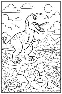 Coloriage T-Rex debout sur un rocher dans une vallée