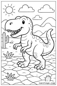 Coloriage T-Rex marchant sur un sol rocheux sous le soleil