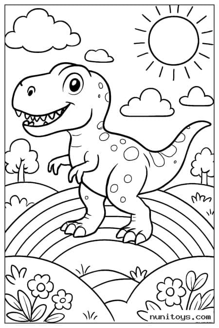 Coloriage T-Rex debout sur un arc-en-ciel parmi les fleurs
